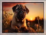 Zachód słońca, AI, Pies, Rośliny, Mops